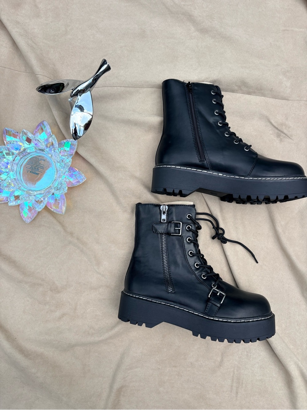 🖤Wild Pair Arriele Leather Black Combat Boots Side Zip Lace-Up Ankle Boots 8M